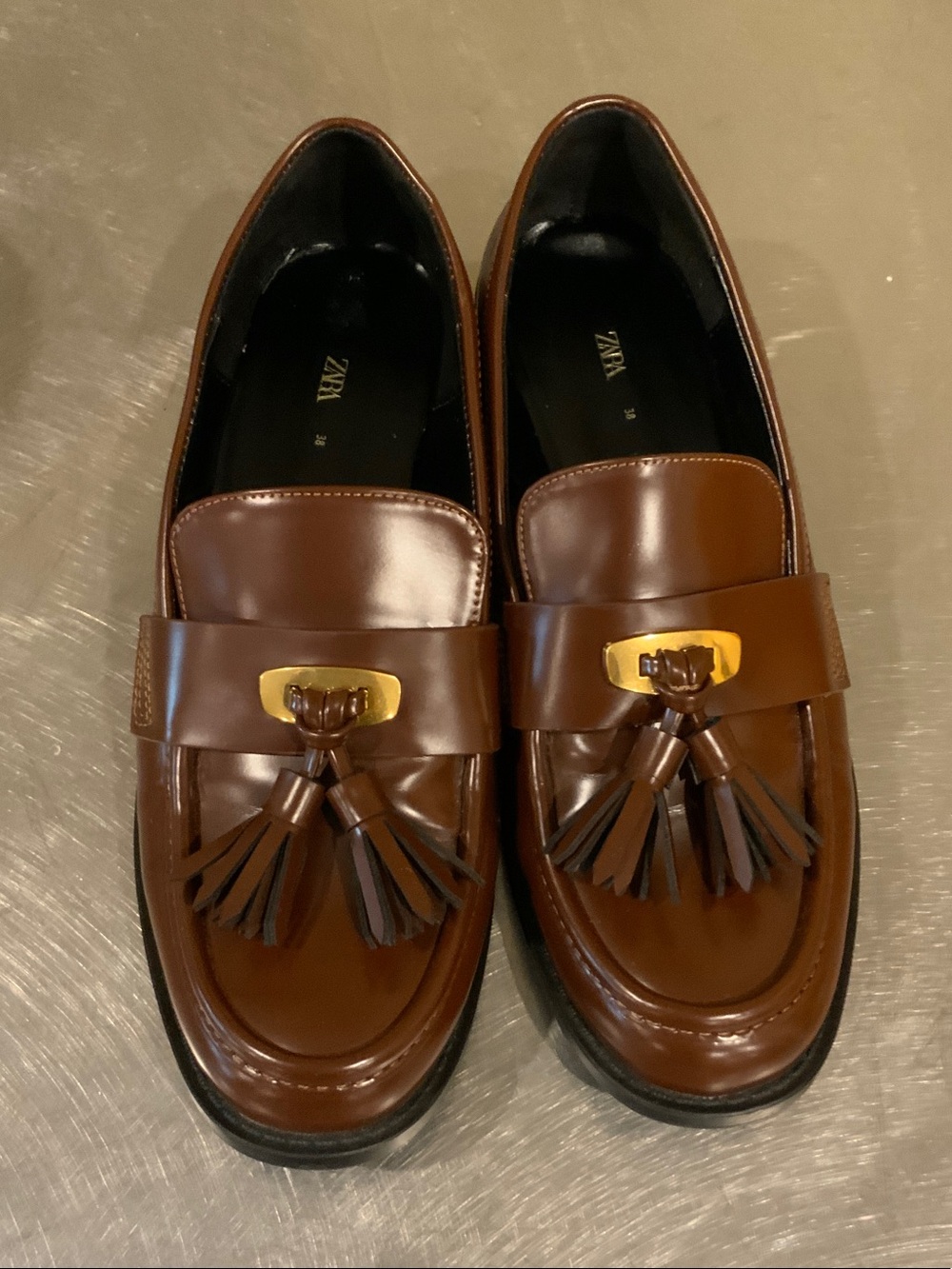 Zara Brown Leather Tassel Loafers with Gold Accent